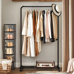 Kovový stojan na oblečenie s kolieskami, horná koľajnica do 40 kg, čierny