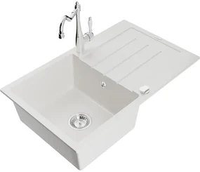 Mexen Bruno, granitový drez 795x495x200 mm, 1-komorový a drezová batéria Carla, biela, 6513-20-670700-00
