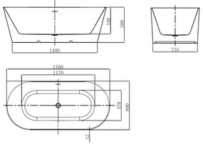 Mexen Oval Slim, voľne stojaca vaňa ku stene 170 x 80 cm, biela lesklá, chrómový prepad, 52661708000-01