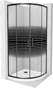 Mexen Rio, štvrťkruhový sprchovací kút s posuvnými dverami 90(dvere) x 90(dvere) x 190 cm, 6mm číre sklo s pásikmi, čierny profil + biela sprchová vanička Slim, 863-090-090-70-20-4110B