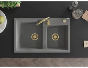 Mexen Tomas, granitový drez 800x500x190 mm, 2-komorový, šedá so zlatým sifónom, 6516802000-71-G