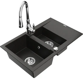 Mexen Gaspar, 1,5-komorový granitový drez 737x475x177 mm a drezová batéria Savita, čierna-zlatá metalíza, 6507-75-672601-00