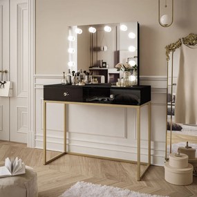 Kozmetický stolík so zrkadlom GWEN čierny lesk + zlatá podnož