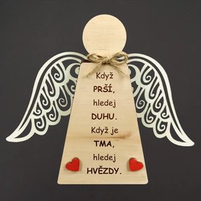 AMADEA Drevený anjel stojaci s krídlami a motivačným textom, masívne drevo, 18 x 15 cm