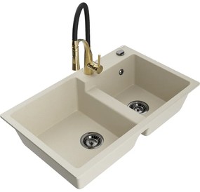 Mexen Tomas, 2-komorový granitový drez 800x500x190 mm a drezová batéria Aster, béžová, 6516-69-73450-57-B