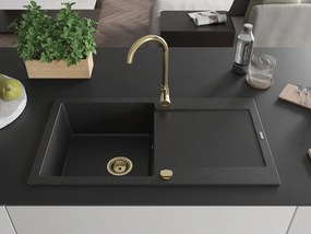 Mexen Leo, drez granitový 900x500x190 mm, 1-komorový, čierna-strieborná metalíza so zlatým sifónom, 6501901010-73-G