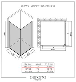 Cerano Antelo Duo, 2-krídlový sprchovací kút 90(dvere) x 90(dvere) x 190 cm, 6mm číre sklo, chrómový profil, CER-CER-433293