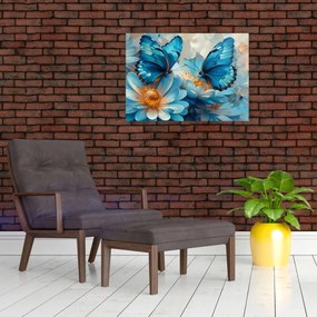 Sklenený obraz - Modrí motýle (70x50 cm)