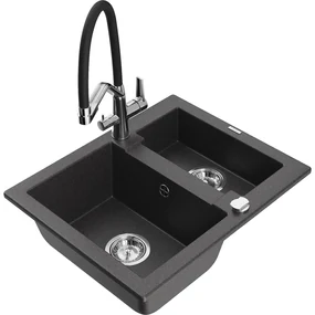 Mexen Carlos, 1,5-komorový granitový drez 582x475x177 mm a drezová batéria Duo, čierna škvrnitá, 6518-76-671701-07