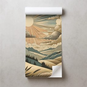 Samolepiaca tapeta retro krajina s horami a slnkom