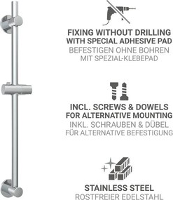 Sprchová tyč bez vŕtania z nehrdzavejúcej ocele v lesklej striebornej farbe posuvný držiak 70 cm – Wenko
