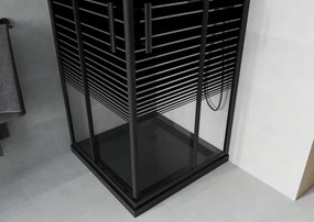 Mexen Rio, štvorcový sprchovací kút s posuvnými dverami 70(dvere) x 70(dvere) x 190 cm, 6mm číre sklo s pásikmi, čierny profil + čierna sprchová vanička SLIM, 860-070-070-70-20-4070B