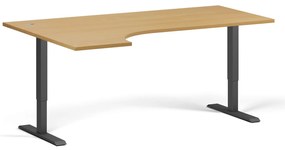 Rohový výškovo nastaviteľný stôl, 180x120 cm, 2 motory, L/P, čierna podnož, buk