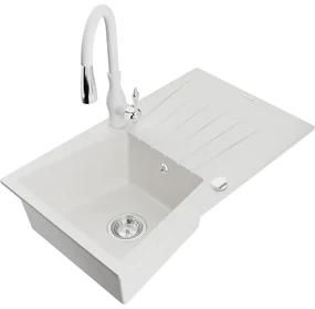 Mexen Cesar, 1-komorový granitový drez 775x470x190 mm a drezová batéria Savita, biela, 6514-20-672601-20