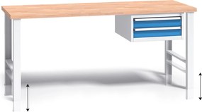 Výškovo nastaviteľný pracovný stôl do dielne G3 so závesným boxom na náradie, buková škárovka, 2 zásuvky, 1700 x 685 x 840 - 1050 mm, modrá