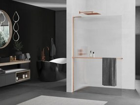 Mexen Kioto+ L, sprchová zástena Walk-In s poličkou a vešiakom 90 x 200 cm, 8mm sklo s rebrovým vzorom, medený matný profil, 800-090-123-65-09