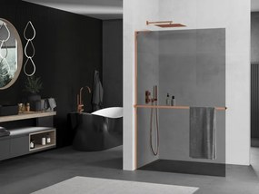 Mexen Kioto+ L, sprchová zástena Walk-In s poličkou a vešiakom 90 x 200 cm, 8mm šedé sklo, ružové zlato profil, 800-090-123-60-40