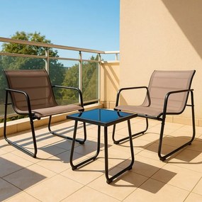 Záhradný relaxačný set stôl a 2 kreslá, oceľ, šedá