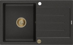 Mexen Bruno, granitový drez 795x495x200 mm, 1-komorový, čierna so zlatou metalízou a zlatým sifónom, 6513791010-75-G