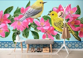 Samolepiaca tapeta vtáčiky a kvety vo vintage prevedení - 150x100
