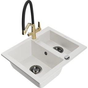 Mexen Carlos, 1,5-komorový granitový drez 582x475x177 mm a drezová batéria Duo, biela, 6518-20-671701-57-B