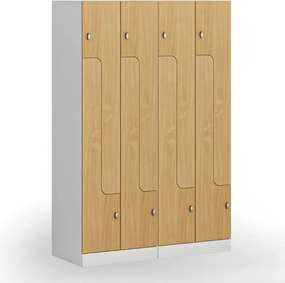Kovová šatníková skrinka S1 Z, 4 oddiely, 1850 x 600 x 500 mm, otočný zámok, laminované dvere, buk