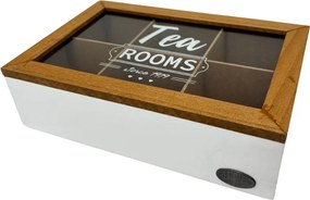 Koop Dóza na čaj so šiestimi priehradkami, biela s dreveným vekom