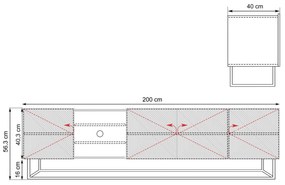 RTV skrinka Asha 200 cm ryhovaná s výklenkom a kovovým rámom - dub artisan / čierny mat