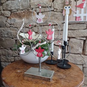 DECOLED Drevený anjel, 5x6 cm, červeno-biely, 12 ks/balenie.