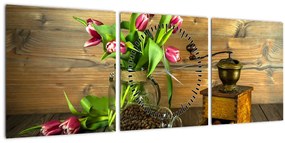 Obraz - tulipány, mlynček a káva (s hodinami) (90x30 cm)