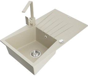 Mexen Cesar, granitový drez 775x470x190 mm, 1-komorový, béžová s chrómovým sifónom a béžová drezová batéria Rita, 6514-69-670300-69