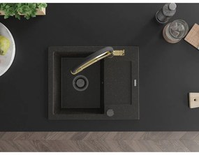 Mexen Enzo, granitový drez 576x465x174 mm, 1-komorový a drezová batéria Duo, čierna-zlatá metalíza, 6506-75-671701-57-B