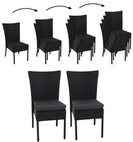 Set 2 záhradných stoličiek HWC-G19, polyratan, stohovateľná - čierne, vankúše tmavo sivé