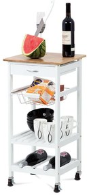 Servírovací stolík / regál, doska masív bambus, MDF, biely matný lak, pojazd - DR-044