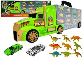 LEAN TOYS Kamión + kufrík s dinosaurami a autami - zelený