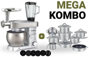 MEGAKOMBO BestBerg BBR-2000S multifunkčný kuchynský robot s nástavcami na cestoviny + 15-dielna sada hrncov a panvíc s nepriľnavým povrchom z nehrdzavejúcej ocele BestBerg BBSC-15 / strieborná