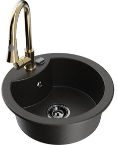 Mexen Diego, 1-komorový granitový drez 488x488x167 mm a drezová batéria Elia, čierna-zlatá metalíza, 6512-75-670101-50-B