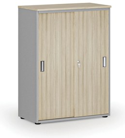Kancelárska skriňa so zasúvacími dverami PRIMO GRAY, 800 x 420 x 1087 mm, sivá/dub prírodný