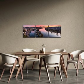 Obraz nočnej Prahy (s hodinami) (90x30 cm)