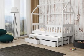 Detská domčeková posteľ z masívu borovice REVOLUT s prístelkou a šuplíky - 200x90 cm - biela