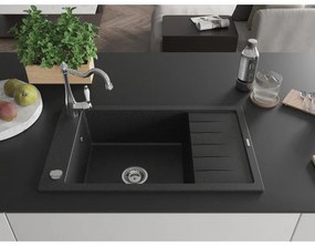 Mexen Elias, granitový drez 795x480x200 mm, 1-komorový a drezová batéria Carla, čierna-strieborná metalíza, 6511-73-670700-00
