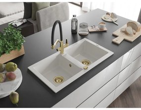 Mexen Mario, granitový drez 820x436x161 mm, 2-komorový a drezová batéria Duo, biela, 6504-20-671701-57-G