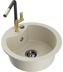Mexen Diego, 1-komorový granitový drez 488x488x167 mm a drezová batéria Flora, béžová, 6512-69-670401-57-B