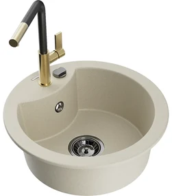 Mexen Diego, 1-komorový granitový drez 488x488x167 mm a drezová batéria Flora, béžová, 6512-69-670401-57-B
