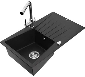 Mexen Cesar, granitový drez 775x470x190 mm, 1-komorový a chrómová batéria Duero, čierna, 6514-77-671600-00