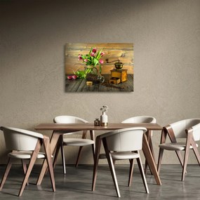 Sklenený obraz - tulipány, mlynček a káva (70x50 cm)