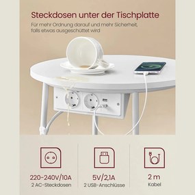 Okrúhly príručný stolík s nabíjacou stanicou, malý stolík so zásuvkou, matná biela a béžová farba