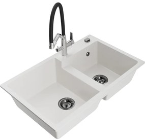 Mexen Tomas, 2-komorový granitový drez 800x500x190 mm  a kuchynská batéria Duo, biela, 6516-20-671701-07-B