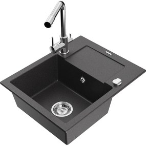 Mexen Enzo, granitový drez 576x465x174 mm, 1-komorový, chrómová batéria Duero, čierna škvrnitá, 6506-76-671600-00
