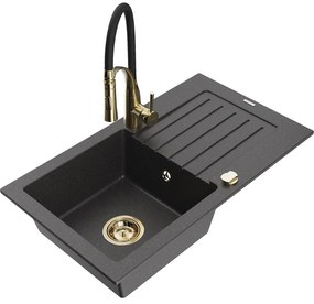 Mexen Pablo, 1-komorový granitový drez 752x436x161 mm a drezová batéria Aster, čierna škvrnitá, 6510-76-73450-57-G